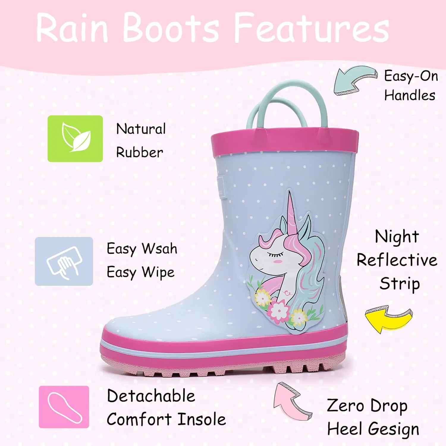 Toddler Rain Boots with Easy-On Handles, Waterproof Rubber Kids Rain Boots for Girls and Boys, in Fun Printed & Colors Unisex-Child Outdoor Rain Boots
