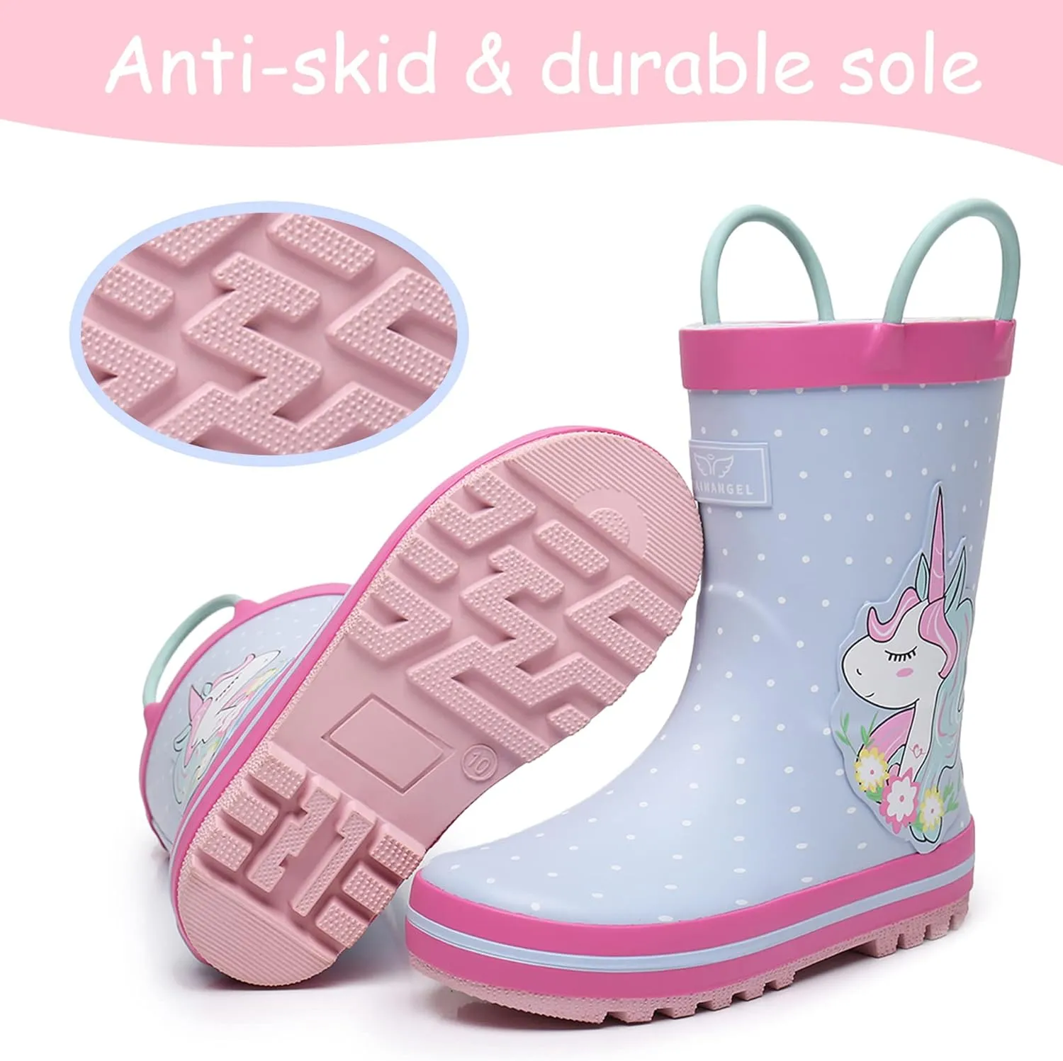 Toddler Rain Boots with Easy-On Handles, Waterproof Rubber Kids Rain Boots for Girls and Boys, in Fun Printed & Colors Unisex-Child Outdoor Rain Boots