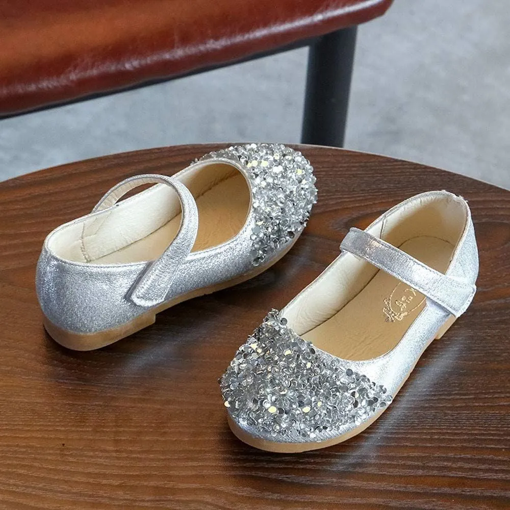 Toddler Shoes Baby Girls Rhinestone Dress Shoes Glitter Mary Jane Kids Princess Shoes Low Heels for Party Wedding