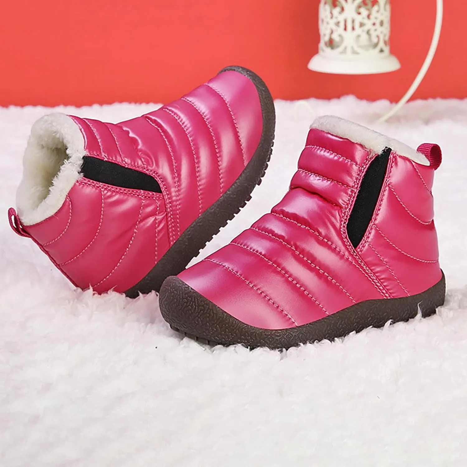 Toddler Snow Boots Winter Warm Booties Fr Lined Anti-Slip Ankle Boots Outdoor Slip On Waterproof Comfortable Booties