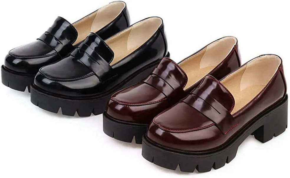 VOKLIN Women's Platform Slip On Penny Loafers Pumps Round Toe Patent Leather Chunky Heel Oxfords Dress Shoes