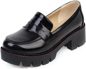 VOKLIN Women's Platform Slip On Penny Loafers Pumps Round Toe Patent Leather Chunky Heel Oxfords Dress Shoes