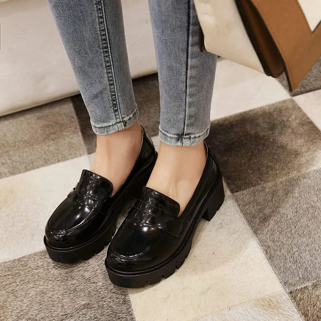 VOKLIN Women's Platform Slip On Penny Loafers Pumps Round Toe Patent Leather Chunky Heel Oxfords Dress Shoes