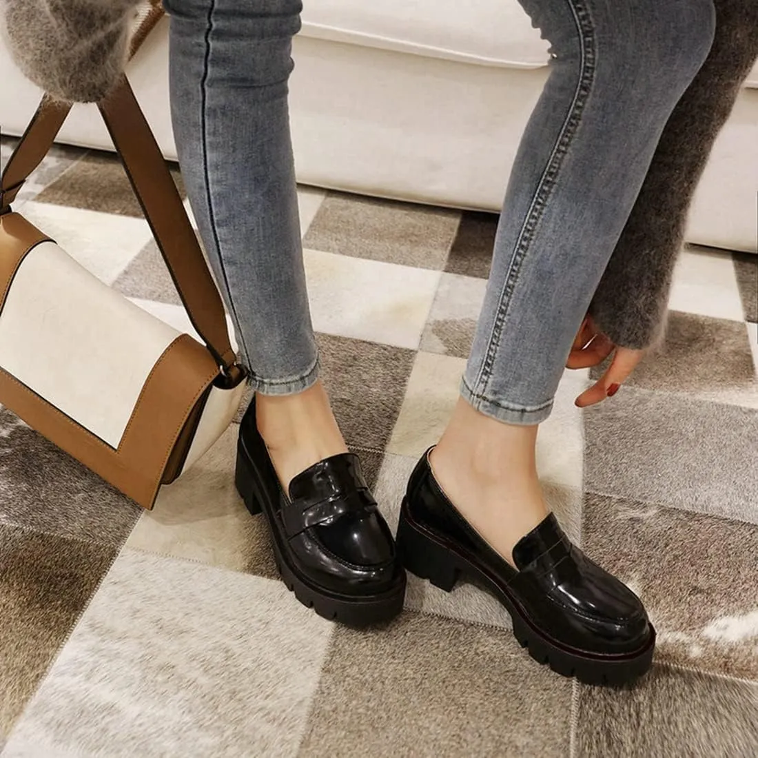 VOKLIN Women's Platform Slip On Penny Loafers Pumps Round Toe Patent Leather Chunky Heel Oxfords Dress Shoes