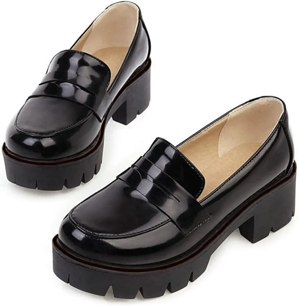 VOKLIN Women's Platform Slip On Penny Loafers Pumps Round Toe Patent Leather Chunky Heel Oxfords Dress Shoes