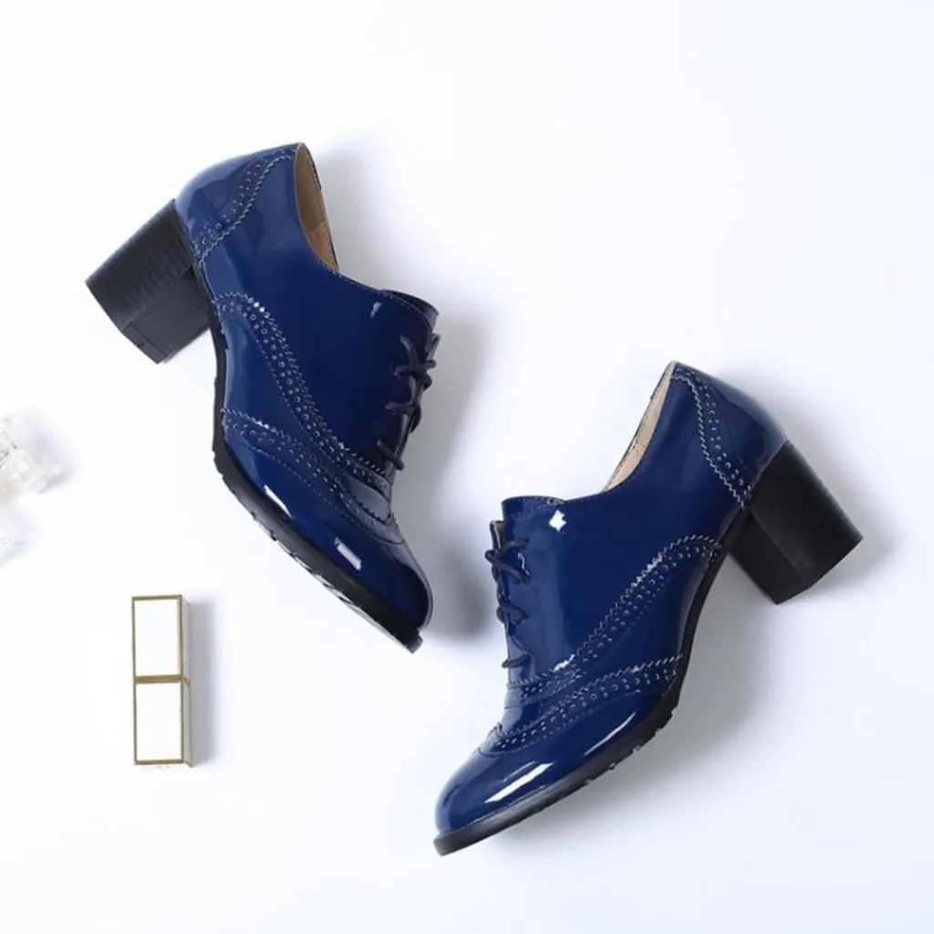 Women's Classic Lace Up Wingtip Oxfords Pumps Chunky Mid Heel Round Toe Patent Leather Dress Shoes