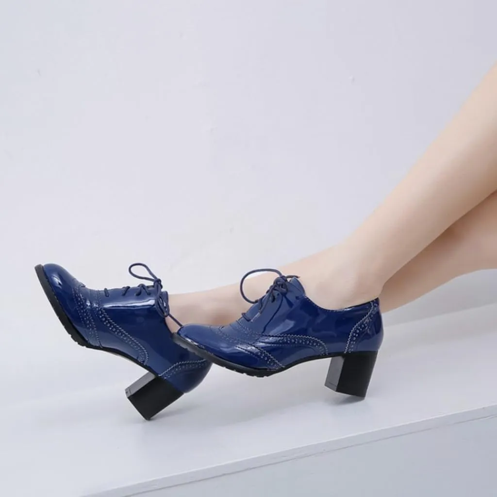 Women's Classic Lace Up Wingtip Oxfords Pumps Chunky Mid Heel Round Toe Patent Leather Dress Shoes