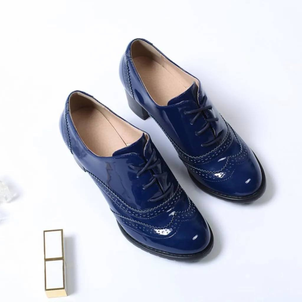 Women's Classic Lace Up Wingtip Oxfords Pumps Chunky Mid Heel Round Toe Patent Leather Dress Shoes