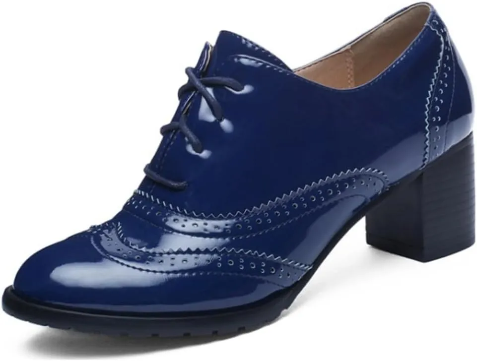 Women's Classic Lace Up Wingtip Oxfords Pumps Chunky Mid Heel Round Toe Patent Leather Dress Shoes