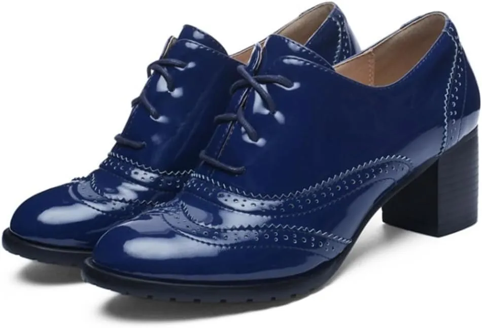 Women's Classic Lace Up Wingtip Oxfords Pumps Chunky Mid Heel Round Toe Patent Leather Dress Shoes