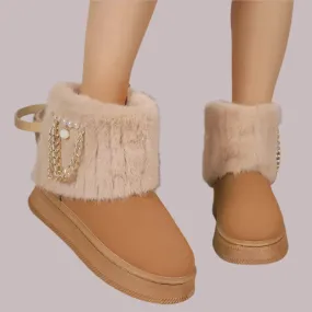 Women's Fur Plush Ankle Snow Boots - Suede Chain Winter Flats, Short Platform Casual Shoes, Warm Walking Boots (2024)