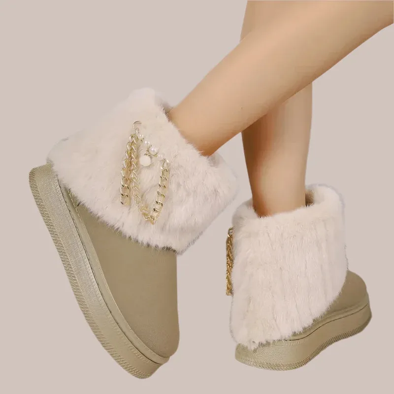 Women's Fur Plush Ankle Snow Boots - Suede Chain Winter Flats, Short Platform Casual Shoes, Warm Walking Boots (2024)
