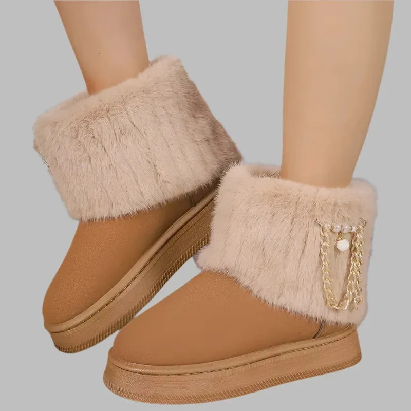 Women's Fur Plush Ankle Snow Boots - Suede Chain Winter Flats, Short Platform Casual Shoes, Warm Walking Boots (2024)