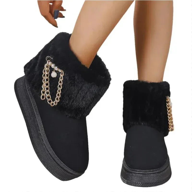 Women's Fur Plush Ankle Snow Boots - Suede Chain Winter Flats, Short Platform Casual Shoes, Warm Walking Boots (2024)