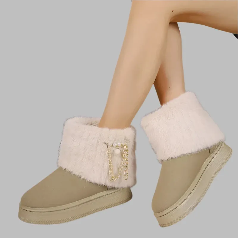 Women's Fur Plush Ankle Snow Boots - Suede Chain Winter Flats, Short Platform Casual Shoes, Warm Walking Boots (2024)