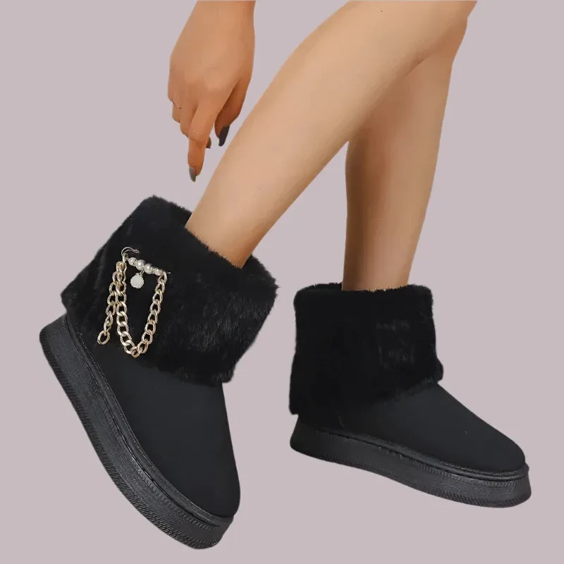 Women's Fur Plush Ankle Snow Boots - Suede Chain Winter Flats, Short Platform Casual Shoes, Warm Walking Boots (2024)