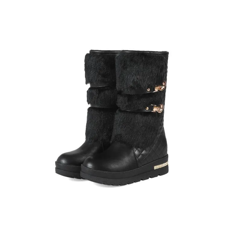 Women's fuzzy plush warm mid calf platform snow boots