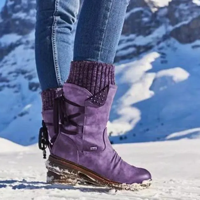 Women's mid-calf sweater cuff snow boots flat back lace boots with zipper