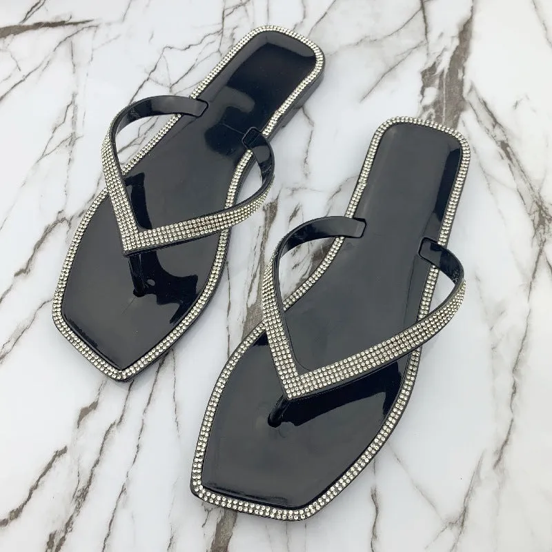 Women's Summer Slippers Rhinestone Shiny Flat Slippers