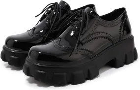 Womens Vintage Wingtip Oxfords Patent Leather Lace Up Brogues Shoes Platform Pumps with Chunky Heeled