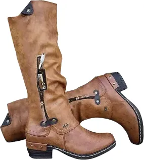 Women's Winter Long Shaft Boots Solid Color Leather Biker Boots Vintage Over The Knee Boots Cowboy Boots with Zipper Fashion Motorcycle Boots with Block Heels